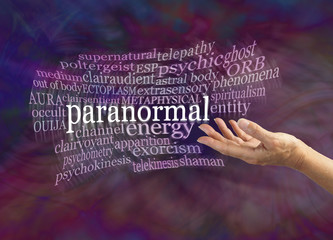 Paranormal Phenomena Word Cloud - female hand gesturing towards the word PARANORMAL surrounded by a...