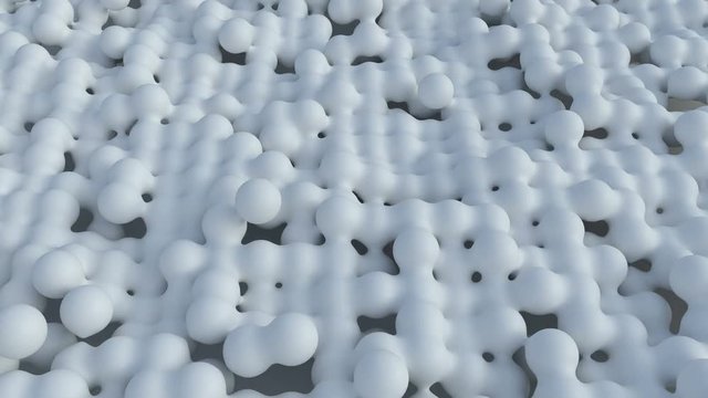 Moving white molecules that react with each other.