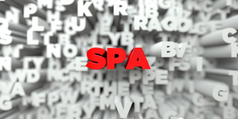 SPA -  Red text on typography background - 3D rendered royalty free stock image. This image can be used for an online website banner ad or a print postcard.