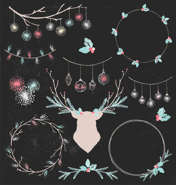 Christmas Deer, Wreaths and Garlands Vintage Chalk Drawing Vector Set