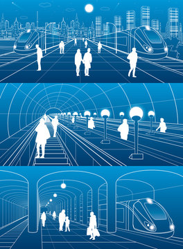 Subway station, people walking, train move. Infrastructure and transport illustration set. Excavators, city scene, white lines on blue background, vector design art