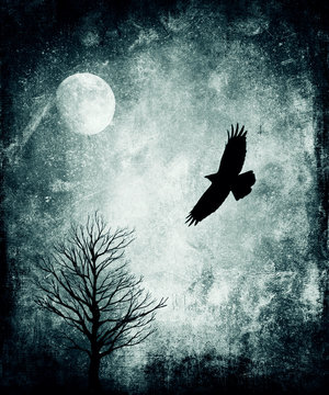 Halloween Background, Raven, Moon And Tree
