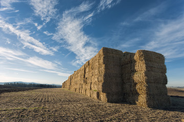 Large stack of hay bales.