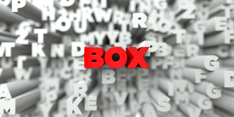 BOX -  Red text on typography background - 3D rendered royalty free stock image. This image can be used for an online website banner ad or a print postcard.