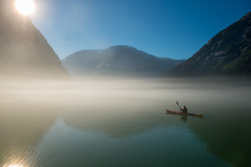 Lone Kayaker and Sunrise Fog, Fords Terror, Alaska