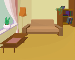 interior room ,sofa, bookcase, coffee table, window with a flower pot lamp floor lamp.Vector illustration.
