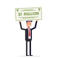 Happy businessman or manager holding large check of one million dollar in hands. Smiling man. Vector, illustration EPS10.