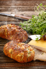 Homemade fresh bread stuffed cheese and garlic with herbs