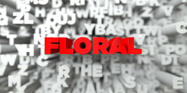 FLORAL -  Red text on typography background - 3D rendered royalty free stock image. This image can be used for an online website banner ad or a print postcard.