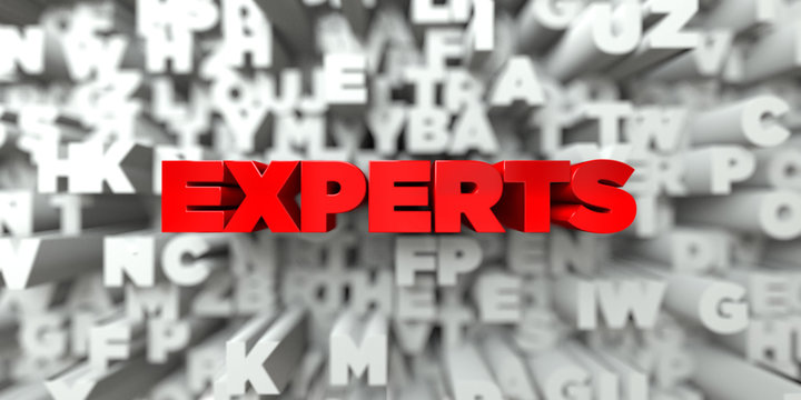 EXPERTS -  Red text on typography background - 3D rendered royalty free stock image. This image can be used for an online website banner ad or a print postcard.