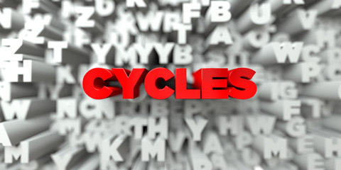 CYCLES -  Red text on typography background - 3D rendered royalty free stock image. This image can be used for an online website banner ad or a print postcard.
