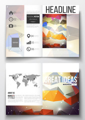 Set of business templates for brochure, magazine, flyer. Molecular construction, connected lines and dots, scientific pattern on abstract colorful polygonal background, modern triangle vector texture