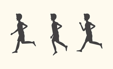 Set of vector running boy or young man silhouettes. black on white background