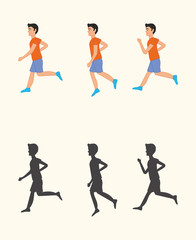 Set of vector illustrations and silhouettes of running boy or young man
