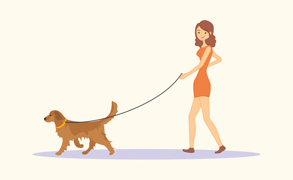 Woman or young girl in casual clothes walking the dog Golden retriever breed. Vector illustration isolated on white background