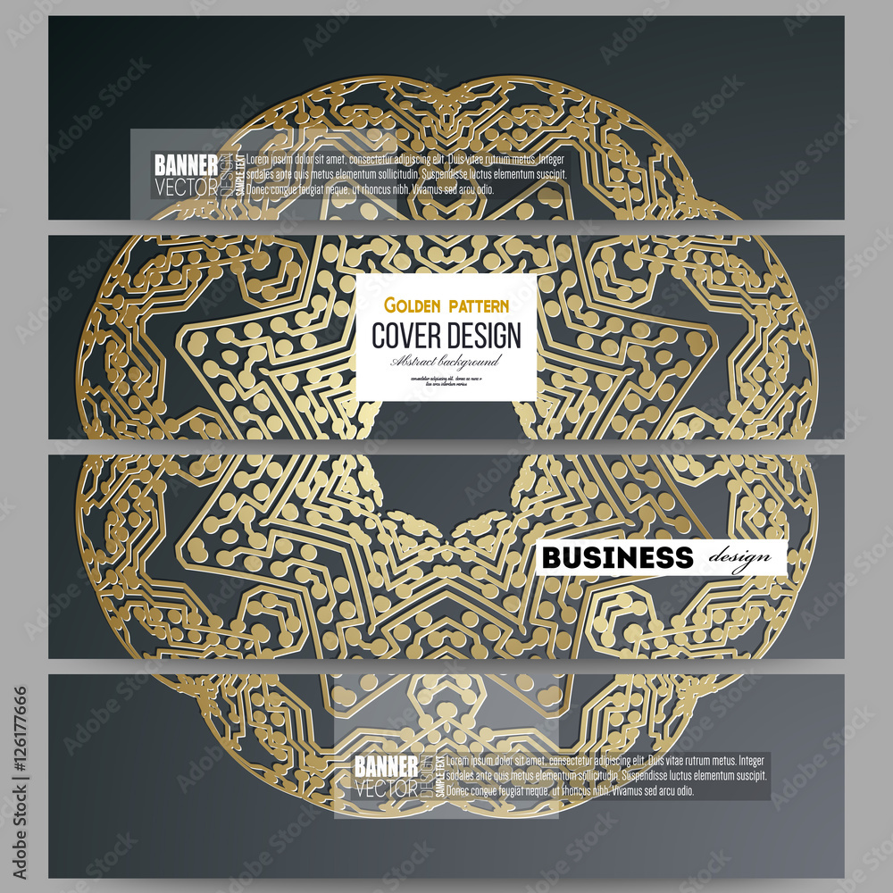 Poster set of modern banners. golden microchip pattern on dark background with connecting dots and lines, c