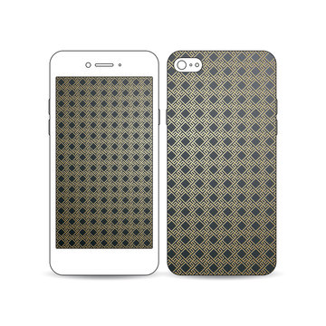 Mobile smartphone with an example of the screen and cover design isolated on white. Islamic gold pattern, overlapping geometric square shapes forming abstract ornament. Vector stylish golden texture.