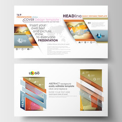 Business templates in HD size for presentation slides. Easy editable flat layouts. Abstract colorful triangle design vector background with polygonal molecules.