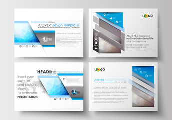 Set of business templates for presentation slides. Easy editable layouts in flat design. Abstract triangles, blue triangular background, colorful polygonal pattern.