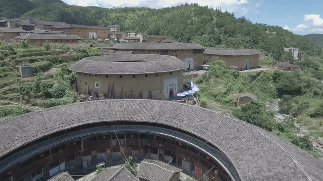 Flying over ancient traditional homes in Fujian province, China