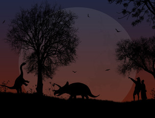 Dinosaurs silhouettes in beautiful landscape