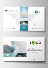 Business card templates. Flat design blue color travel decoration layout, easy editable vector template, colorful blurred natural landscape.