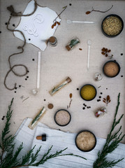 Alchemy Lab. dried herbs, salt, flasks, recipes on the old canvas. top view