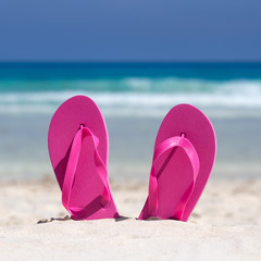 Fototapeta na wymiar Pink flip flops on sandy beach near sea. Summer vacation concept
