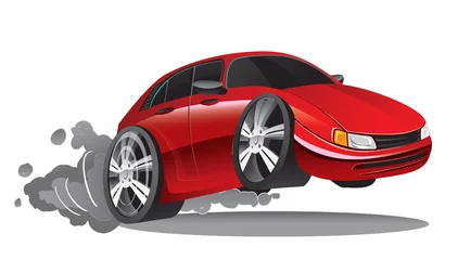 Fotobehang Vectorillustratie van snel bewegende rode sportwagen in beeldverhaalstijl © inamar