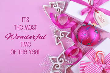 Modern festive pink theme Christmas holiday background with deco