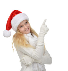 Teenage girl lying standing in red christmas santa hat happy smi