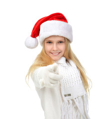 Teenage girl lying standing in red christmas santa hat happy smi