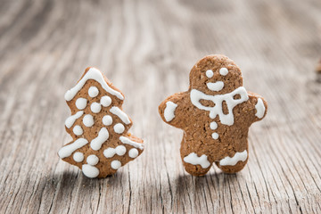 Christmas homemade gingerbread cookie over wooden background