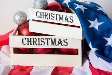 Fototapeta na wymiar USA flag and Merry Xmas