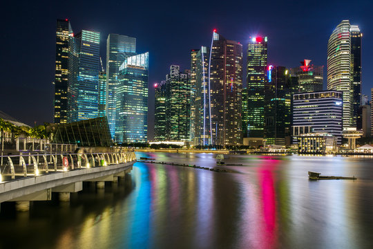 Singapore skyline and illuminated financial district night view