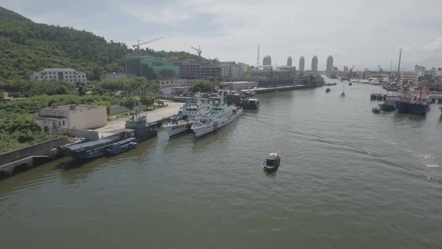 Aerial view of a coast guard vessel, docked in the port of Sanya, South China Sea