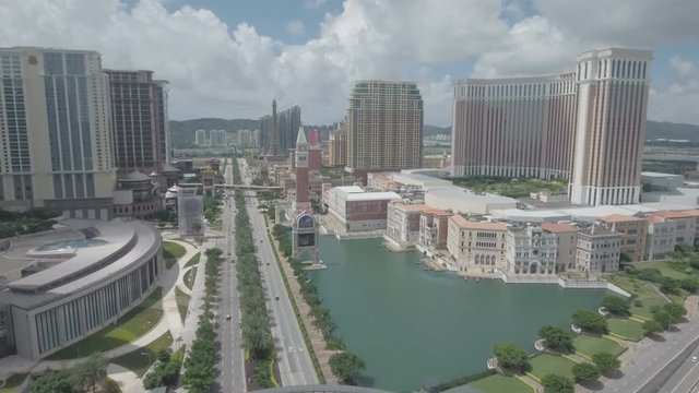 Aerial drone flight casino strip Venetian hotel resort Macau