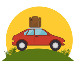 red car suitcase travel grass sun vector illustration eps 10