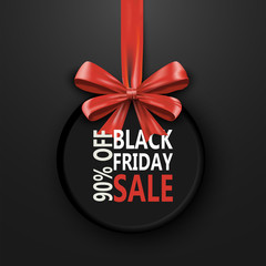 Black Friday sale inscription design template. Black Friday banner with bow ribbon. Discount 90 special off design banner. Shopping promotion poster. Vector illustration concept