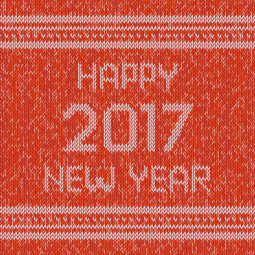 Christmas knitted sweater design pattern. Happy New Year 2017 text. Vector