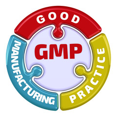 GMP. Good Manufacturing Practice. The check mark in the form of a puzzle