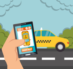hand hold smartphone with app taxi vector illustration