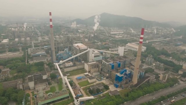 Aerial view of a massive petrochemical facility oil refinery plant in Guangzhou, China