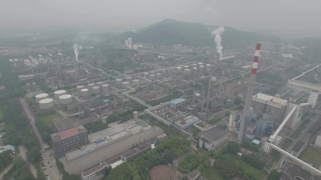 Aerial view of a massive petrochemical facility oil refinery plant in Guangzhou, China