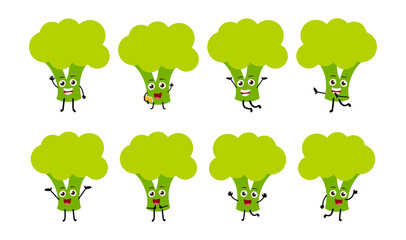 set of funny broccoli vegetable character cartoon