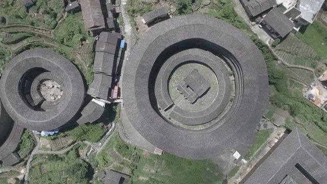 Vertical aerial view of traditional Hakka round houses in China
