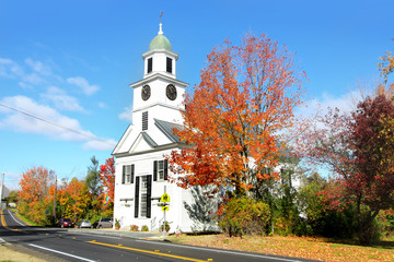 Rural Vermont church with fall foliage