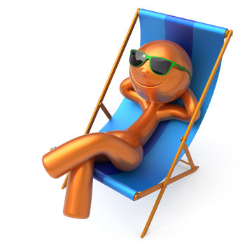 Beach deck chair summer vacation man smiley resting sunglasses relaxing cartoon character chilling stylized person sun lounger tourist have fun sunbathe outdoor lifestyle travel destination