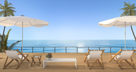 3d rendering vintage beach bed on wood terrace near sea in hawaii