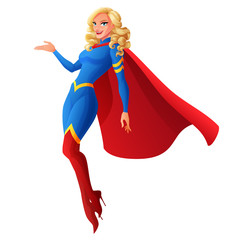 Beautiful sexy blond superhero woman flying and presenting. Vector illustration. © maia3000